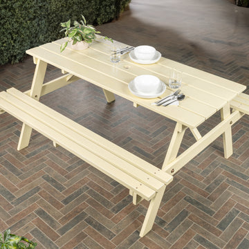 Shoreham 59" Modern Classic Outdoor Wood Picnic Table Benches with Umbrella Hole